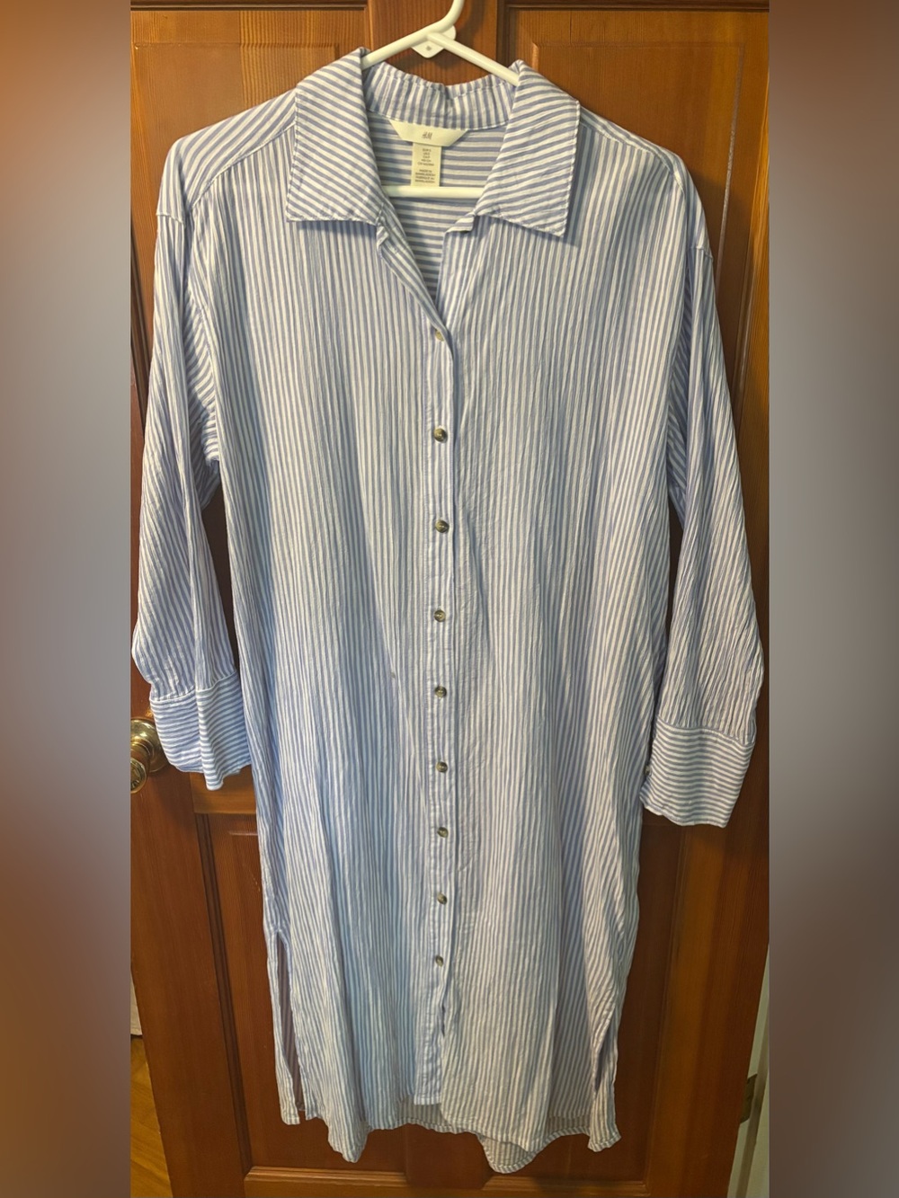H&M Blue and White Striped Midi Shirt Dress